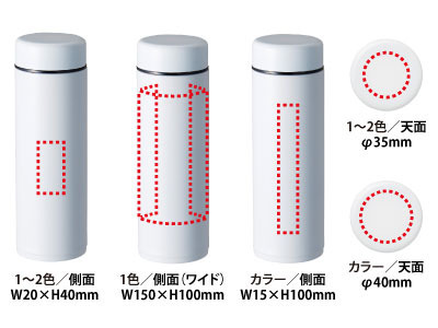 パッド印刷(1色):側面W20×H40mmもしくは天面直径35mm<br />
回転シルク印刷(1色):W150×H100mm スリム真空ボトル260ml 3