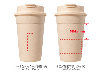 パッド印刷(1色):W15×H50mm<br />
回転シルク印刷(1色):W80×H40mm<br />
インクジェット印刷(カラー):W15×H50mm エコタンブラー400ml 2